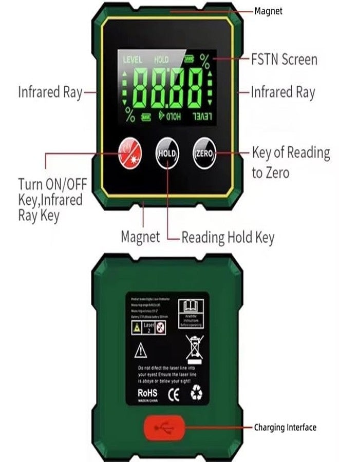 Tomahawk جهاز قياس الزوايا الرقمي توماهوك LAF-1270 مزود بليزر مزدوج | قياس 90 درجة من أربعة جوانب | مقاوم للماء بمعيار IP54 | مقياس ميل قابل لإعادة الشحن عبر منفذ USB-C | مغناطيس قوي | شاشة LCD - Image 4